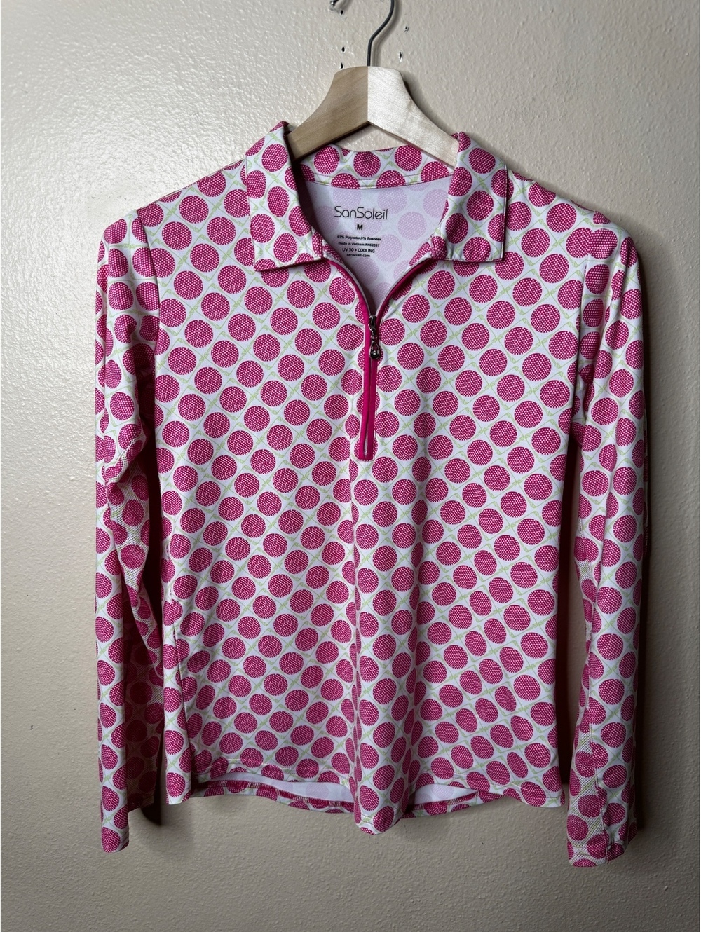 SanSoleil Women’s Golf Top Size M Pink Polka Dot Long Sleeve Quarter Zip UPF 50+